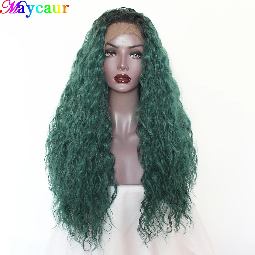

Maycaur Long Kinky Curly Green/Blonde Lace Front Wig Heat Resistant Synthetic Fiber Hair Wigs Natural Hairstyle For Black Women