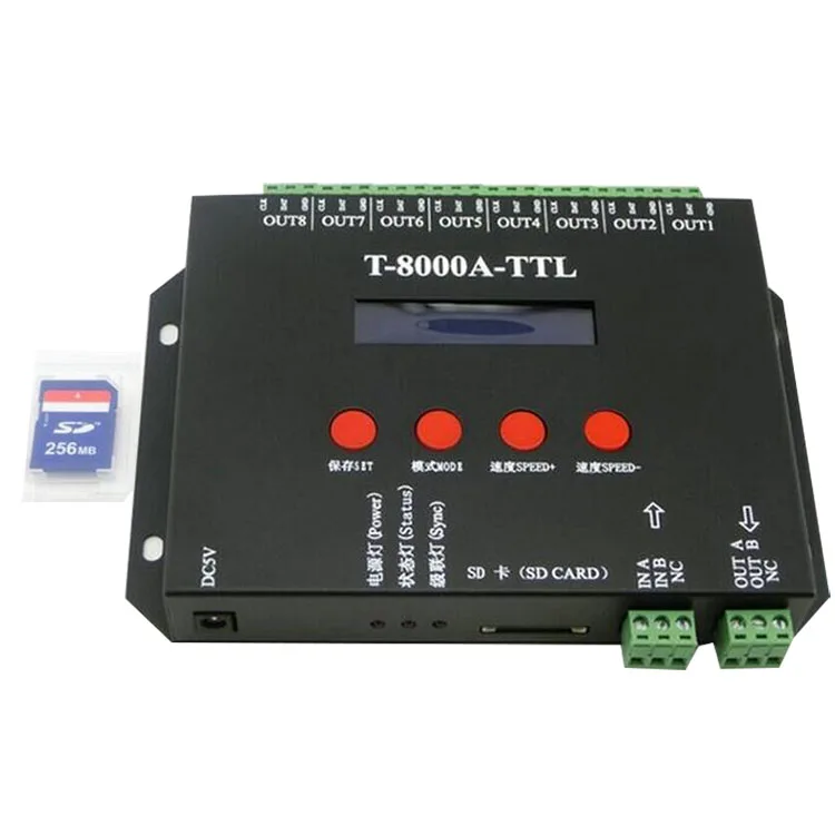 8 портов off-line T-8000A led sd-карта pixel контроллер, SPI(ttl) выходной сигнал, WS2811/WS2812B/LPD8806/WS2801 программируемый контроллер