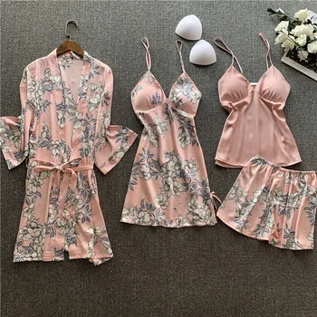 

Summer New Printing Fashion Pajamas Woman Imitate Real Silk Nigthdress Robe Suit Shorts 4 Pcs Pajama Set Lace Sexy Pyj