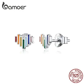 

bamoer GXE787 925 Sterling Silver Rainbow Heart Stud Earrings Colorful Love Trendy Fine Jewelry Hypoallergenic Women Earrings