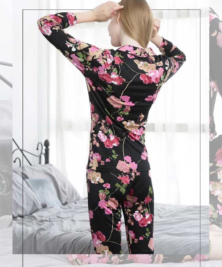 Spring silk floral pajamas for women long sleeve long pants two piece set home clothes for women