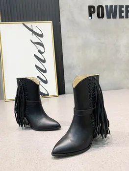 

Tassel High Heel Woman Ankle Boots Pointed Toe Solid Color Leather Ladies Boots Top Quality Luxury Designer Zapatos De Mujer