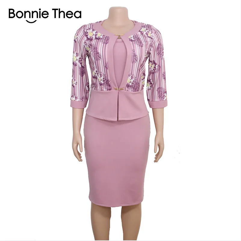 Bonnie thea/женское осеннее платье с принтом из двух частей; вечерние элегантные длинные платья для офиса; высококачественное платье большого размера - Цвет: Розовый