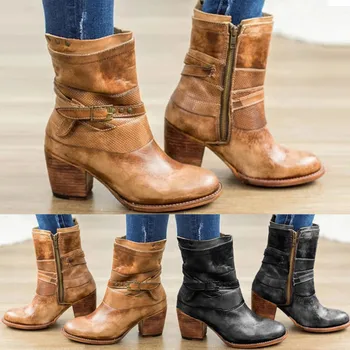 

Western Women Flat Boots Waterproof Leather Comfortable Buckle Zipper Shoe Cowboy Low-heeled Ankle Motorcycle Boots Plus Size 43