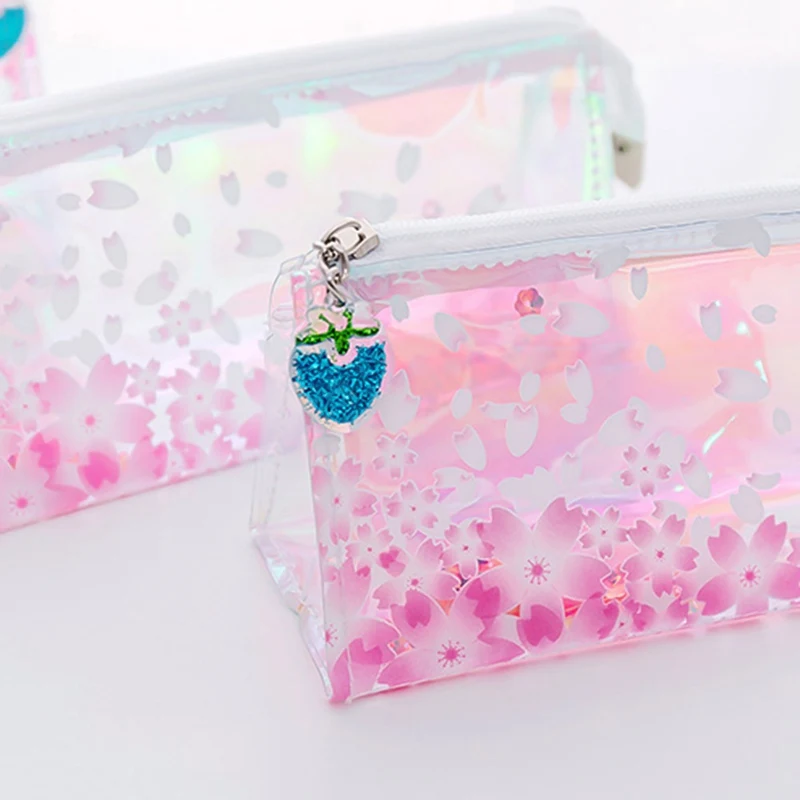 Fashion Cool Reflective Student Laser Sequin Pen Bag Cherry Blossom Transparent Color Pencil Case Pencil Zipper Storage Bag