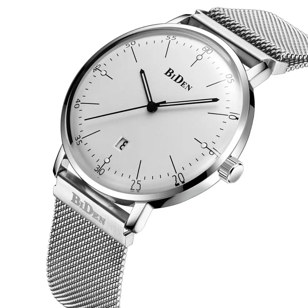 

BIDEN 2019 Trendy Male Watches Auto Date White Analog Zegarek Meski Mesh Steel Strap Man Quartz Watch 2019 Relojes Para Hombre