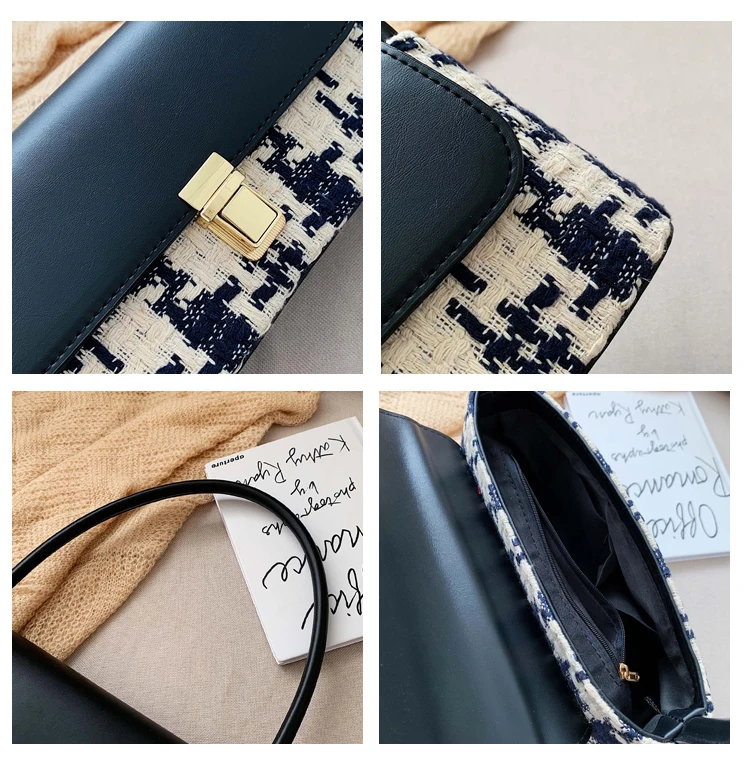 Winter Wool Plaid Small Shoulder Bag for Women Modern Handbags Mini Baguette Bags PU leather Lock Tote Black White Red Green Bag (5)