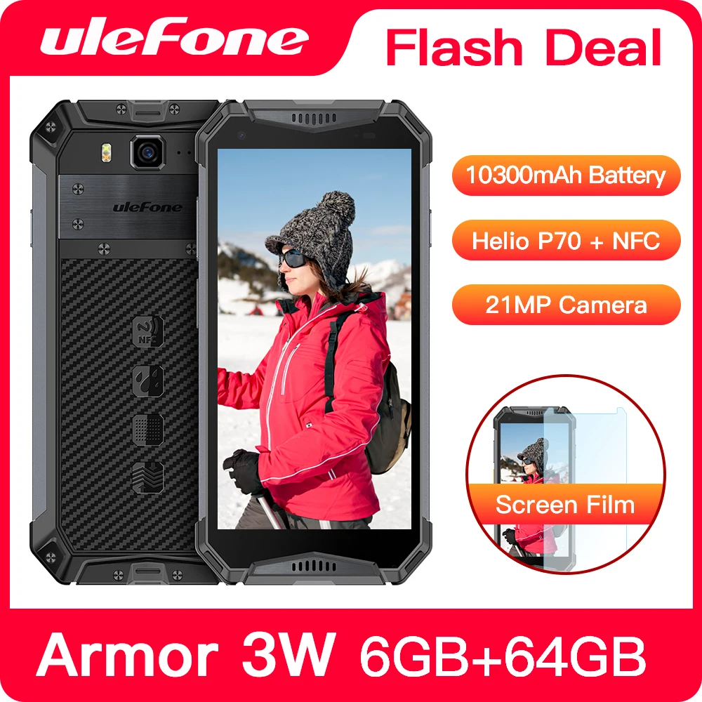 Смартфон Ulefone Armor 3W защищенный Android 9 0 IP68 5 7 дюйма Helio P70 6 + 64 ГБ 10300 мА · ч 4G