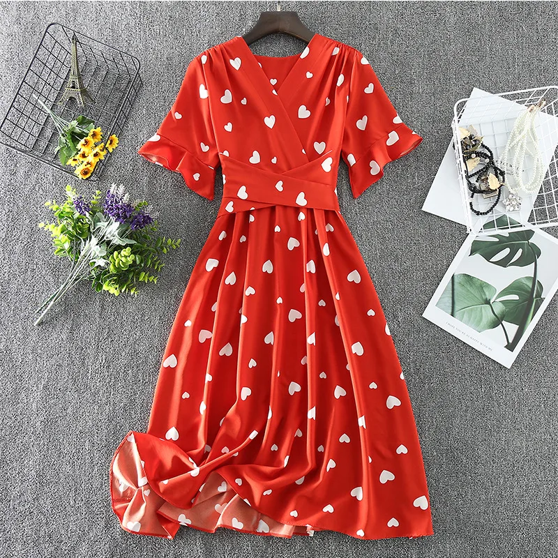 

2020 New Vintage Love Heart Print Dress Women Sweet Cherry Print V Neck Midi Bandage Dress Female Holiday Party