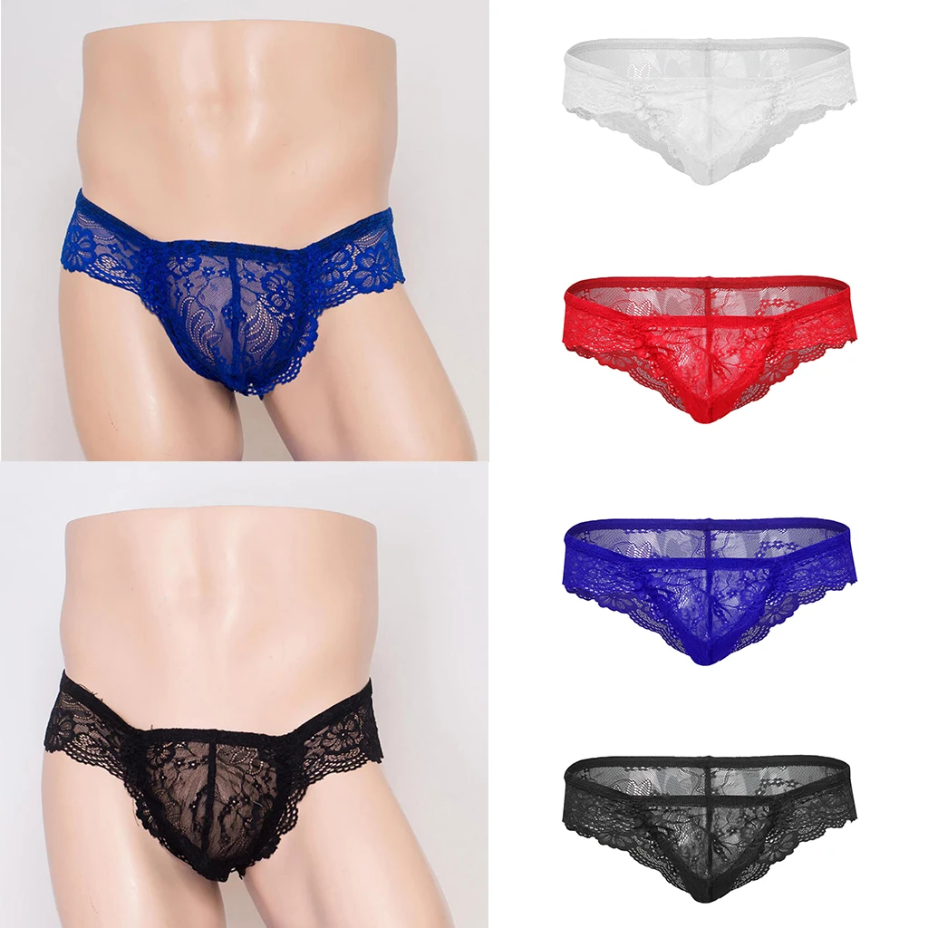 Mens Breathable Sheer Lace Floral Sissy Bulge Pouch Thong Brief G-string Gay Underwear Knickers Erotic Lingerie