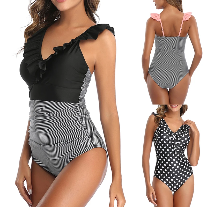 Сексуальное бикини с глубоким v образным вырезом Цельный купальник рюшами и