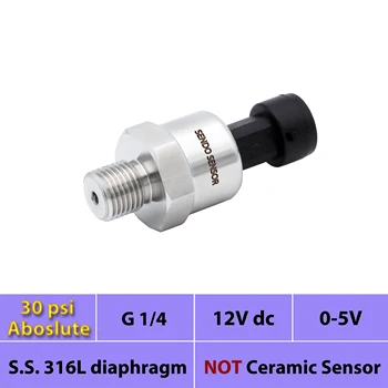 

0 5V pressure sensor, 30psi, 2bar, 0.2Mpa absolute, 12V, 24Vdc supply, stainless steel 316L diaphragm, G 1 4 thread, water, oil
