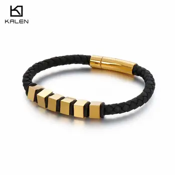 

KALEN 22cm Stainless Steel Gold Small Cube Charm Bracelet Men Hip Hop Woven Leather Wrap Bangle Bracelet Biker Jewelry
