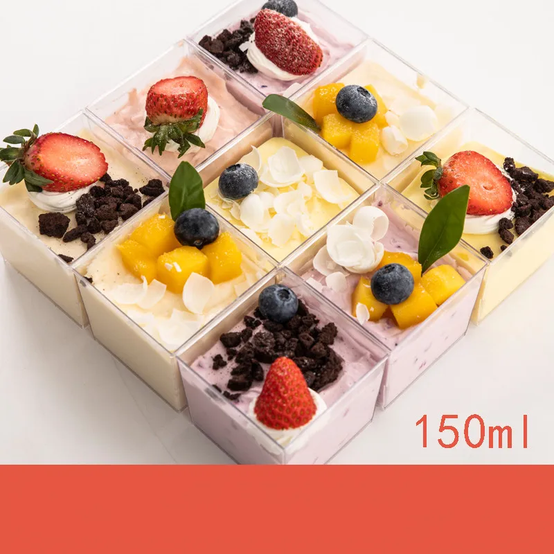 

50pcs HIgh quality transparent pudding icec ream cake hard plastic cups 150ml square disposable dessert packaging cups with lid
