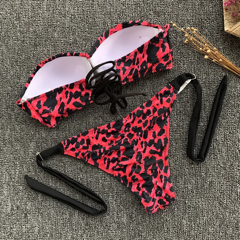 Сексуальный леопардовый купальник, бикини с принтом, женский купальник с открытыми плечами, комплект бикини пуш-ап, бандаж, купальный пляжный костюм, одежда