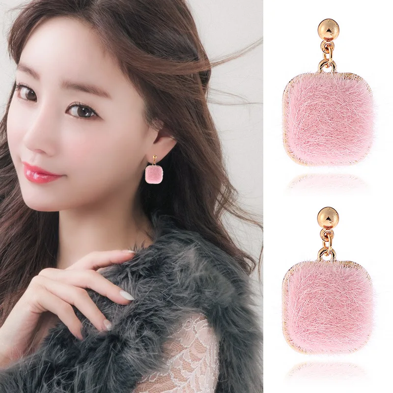 

B007 Autumn And Winter Accessories Mink Fur Clip-on Pierceless Ear Stud Square Ear Stud Earrings Women's