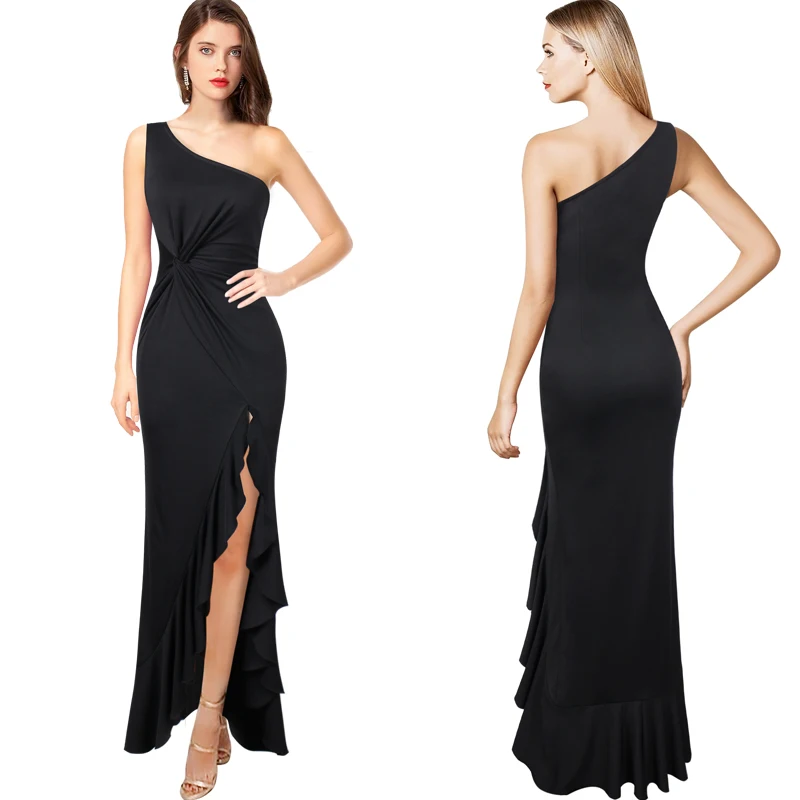 Vfemage, женское сексуальное платье на одно плечо с рюшами, с закрученным узлом, асимметричное, с рюшами, с высоким разрезом, официальное, вечернее, для выпускного, облегающее, Русалка, макси платье 509 - Цвет: Black