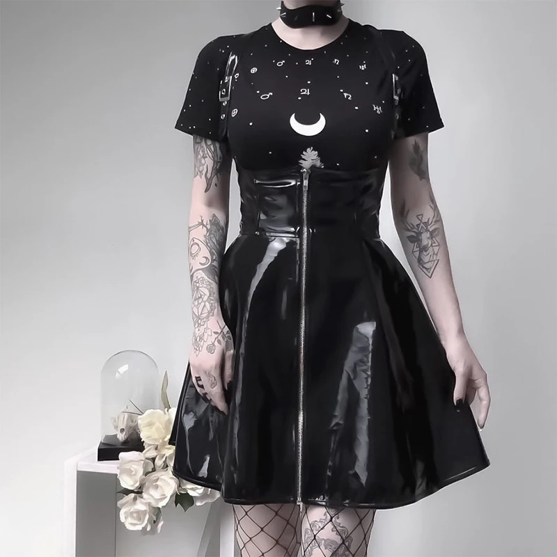 

Gothic Black Sexy Spaghetti Straps Hollow Out PU Leather Bandage Cross Mini Dress Goth Punk Women Backless Zipper Party Dress