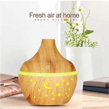 

ELOOLE 300ML Mini Air Humidifier Wood Grain Ultrasonic Aroma Oil Diffuser USB Mini Cutout Star Moon Mist Maker With LED Light