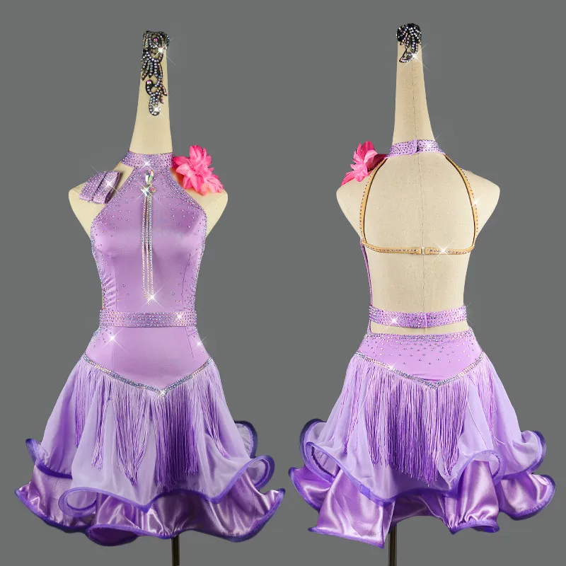 Фиолетовое платье для латинских танцев, женское сексуальное кружевное платье с открытой спиной, одежда для латинских танцев, вечерние
