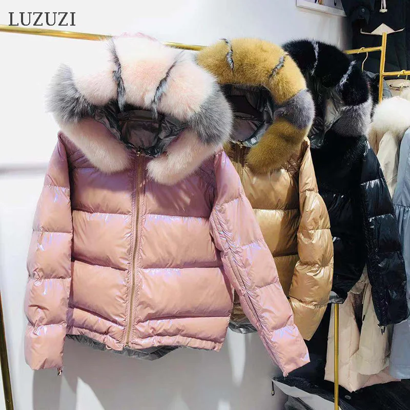 

LUZUZI Real Fur Coat Fox Fur Collar 2019 Winter Jacket Women Loose Short Down Coat White Duck Down Jacket Thick Warm Down Parka