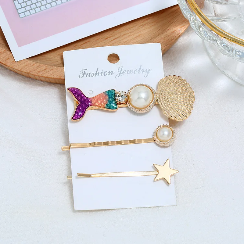 2/3pcs Summer Beach Shell Metal Hairpins Fashion Pearl hairgrip Mermaid Starfish HairClips Women Hair Accessories Adult Headwear - Цвет: C-purple