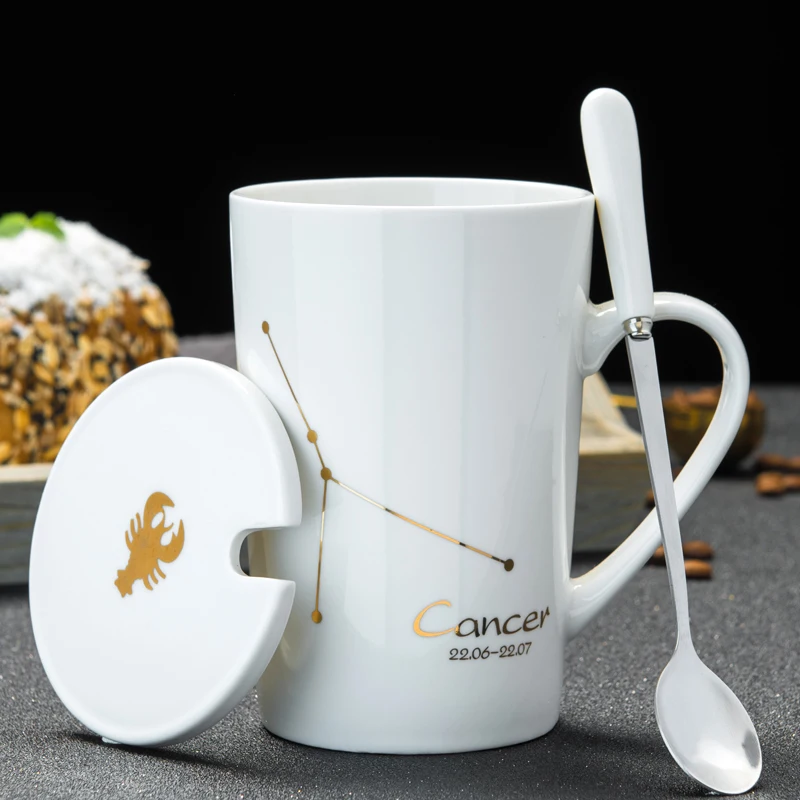 420 мл 12 Созвездие креативная керамическая кружка для пары, с ложкой крышка Черный Золотой фарфор Зодиак молоко кофейная чашка - Цвет: Cancer4