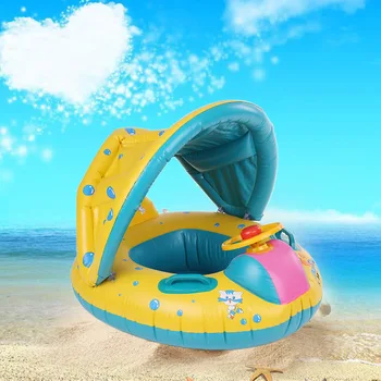 

Inflatable Soft Baby Swimming Ring Pool Float Boat Rider with Detachable Sun Canopy Shade for Baby Toddler Kid Blue-Yellow