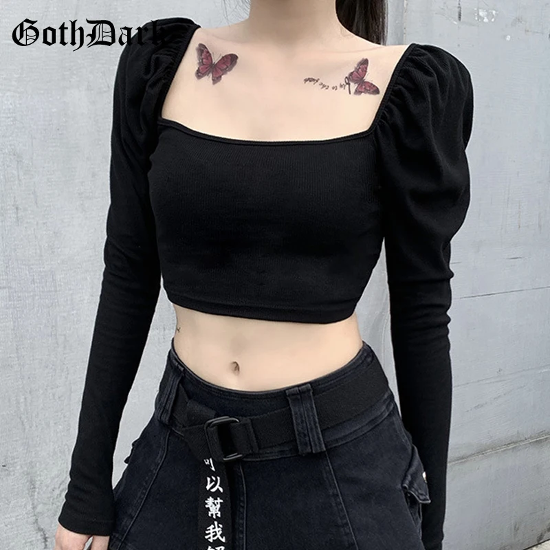 

Goth Dark Gothic Sexy Backless Black T-shirts Grunge Knitted Puff Sleeve Square Neck Crop Tops For Women Fashion Streetwear 2020