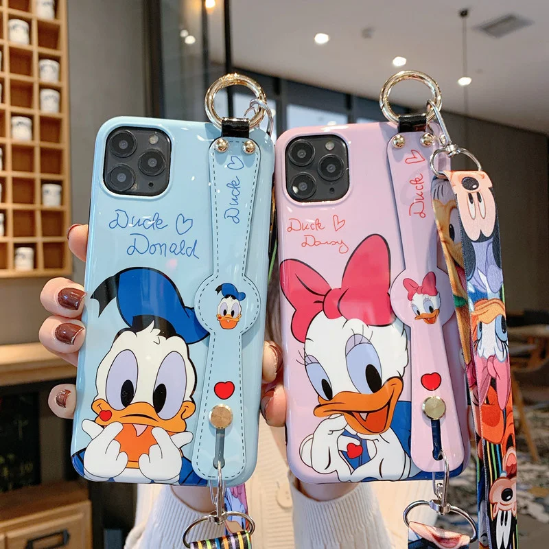 Disney Cartoon Mickey Minnie Mouse Daisy Donald Duck Wrist Strap Lanyard Phone Case For IPhone 12 Pro Max 11 7 8 Plus X XR SE XS