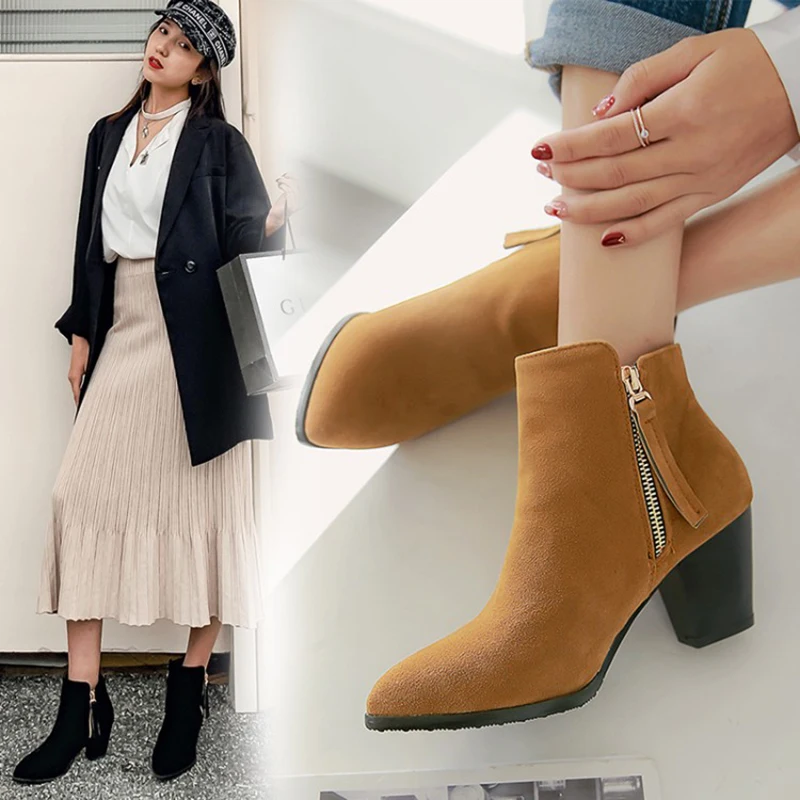 Kolnoo New Winter Style Womens Ankle Boots Versatile Matte-Suede Pointed-Toe Dress Boots Large Size 34-50 Fashion Short Shoes