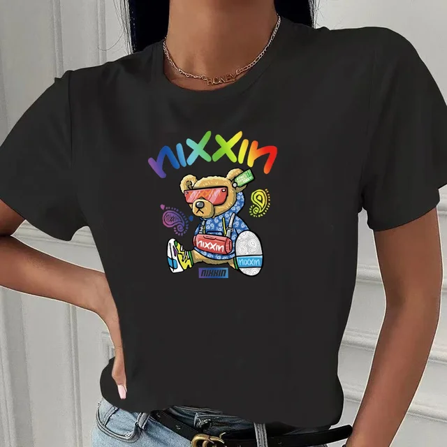 Fashion Bear Print Women T-Shirt Harajuku Round Neck Casual Loose Short Sleeve Summer Slim Soft Tops Clothing Hip Hop Streetwear 2bear010