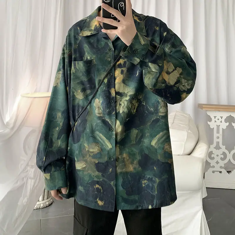 

Autumn Flower Shirt Men's Fashion Retro Casual Shirts Men Streetwear Wild Loose Korean Long Sleeve Shirt Mens Dress Shirt M-2XL