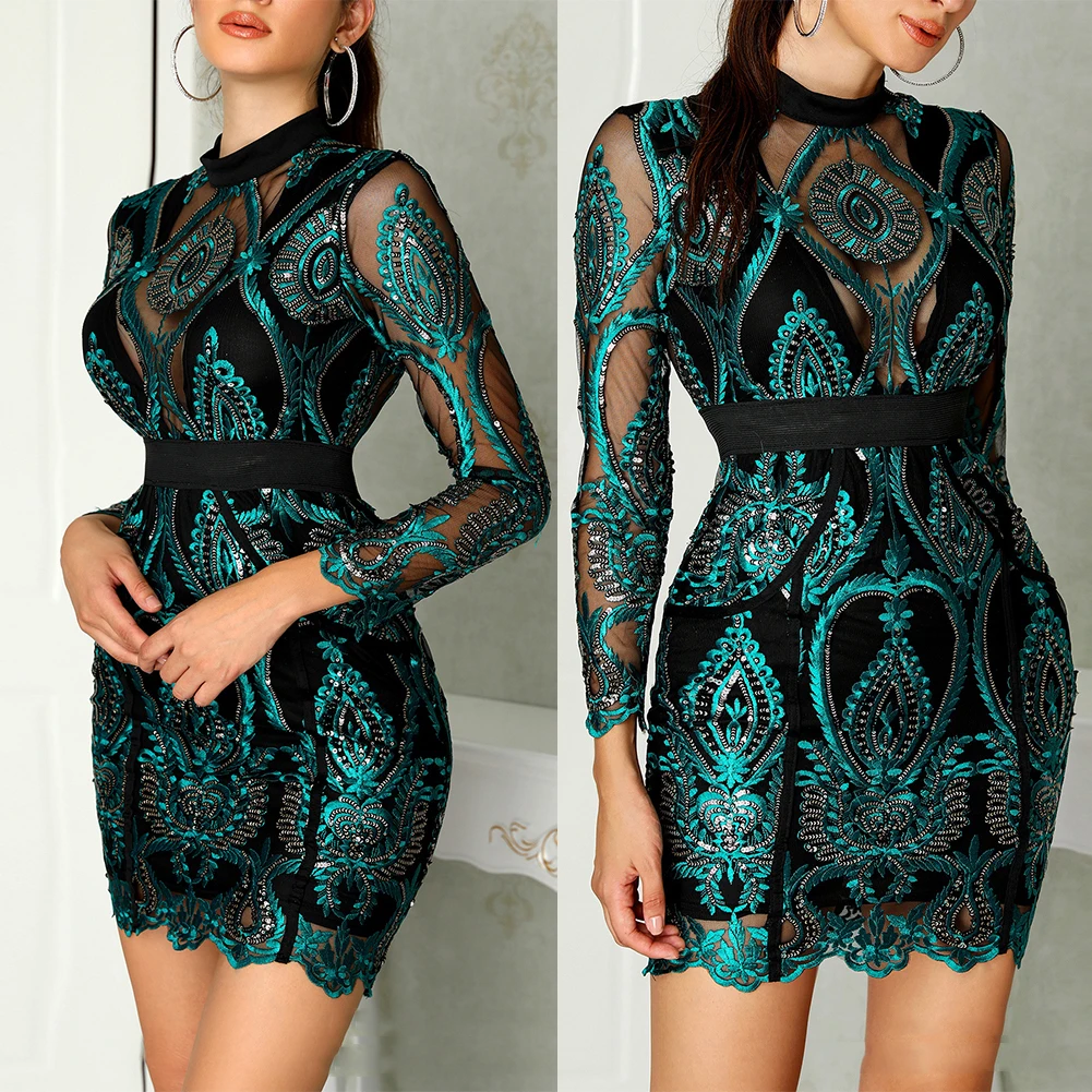 Summer Sequin Dress Long Sleeve SexyBodycon Slim Pencil Party Dress Mini embroidery Dresses For Female#734