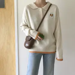 2 цвета, новый осенний женский свитер Harajuku с милым мультяшным щенком, винтажный пуловер с вышивкой, вязаные топы с длинным рукавом, женский