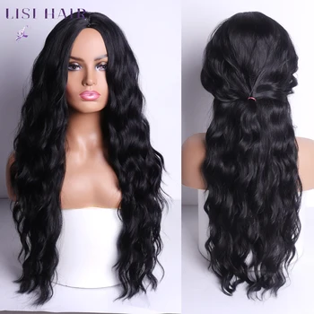 LISI HAIR Pure Red Black Color Long Water Wave Hairstyle Wigs For Women Synthetic Hair High Temperature Fiber Average Size 1