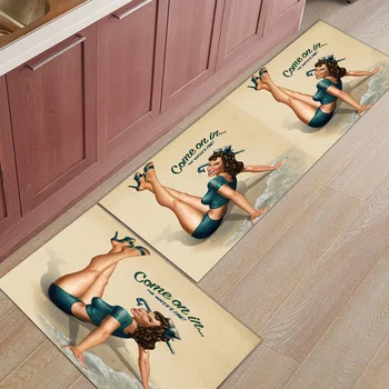 

2Pcs/Set Vintage Pin Up Girls Kitchen Accessories Door Mat Tapete Doormats Bathroom Carpet Room Pad Floor Mats Home Rugs