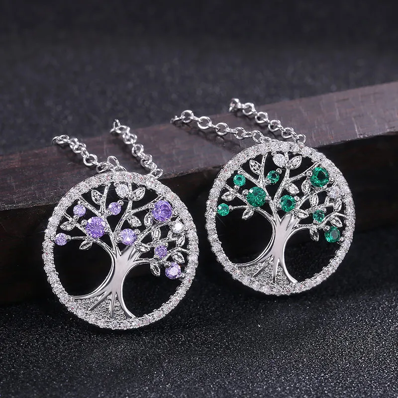 JoiasHome 925 Sterling Silver Necklace Pendant Creative Green Tree of Life Lady Necklace Natural Wind Pendant Jewelry