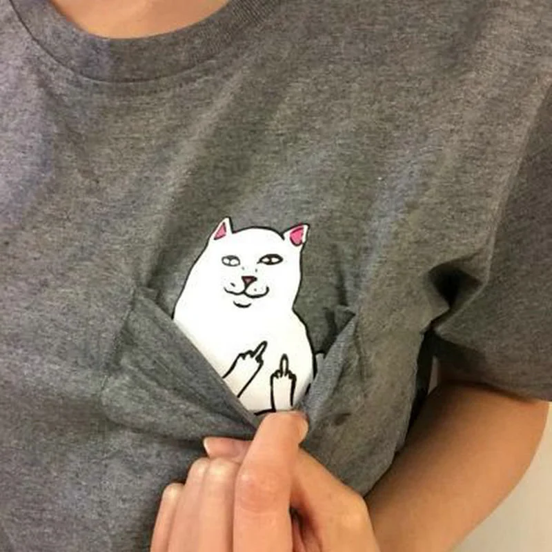 

Funny Middle Finger Pocket Cat Print T Shirt Women Short Sleeve O Neck Loose Tshirt 2020 Summer Women Tee Shirt Top