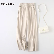 

MOYATIIY Women 2021 Fashion Winter Thick Warm Wide Leg Pants Elegant Elasstic Waist Beige Trousers Office Lady Female Bottoms