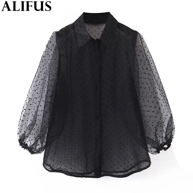 

Fashion Za Women Shirt 2019 Organza Patchwork Casual See Through Lapel Shirts Blouses Loose Ladies Lantern Sleeve Blusas Tops