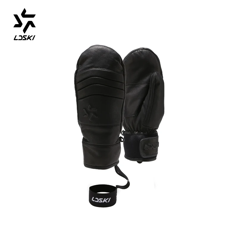 Black Leather Лыжные варежки из натуральной козьей кожи, перчатки для сноуборда LDSKI, драгунские перчатки для сноуборда, термоподкладка, Защитная мягкая кожа, натуральная захватывающая - Цвет: Black Leather