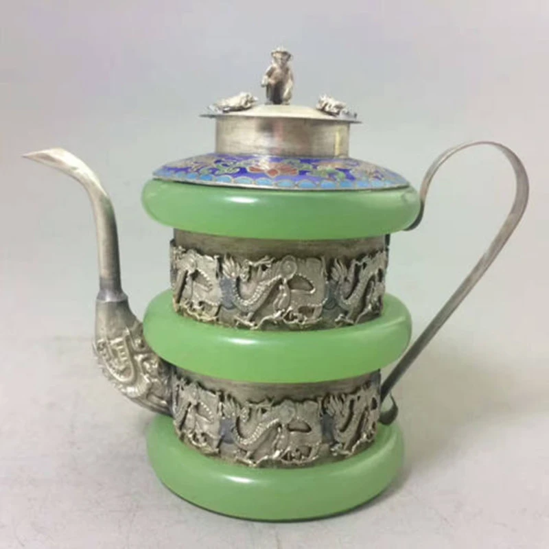 Collectible CHINA TIBET SIVER HANDWORK DRAGON OLD GREEN JADE TEAPOT