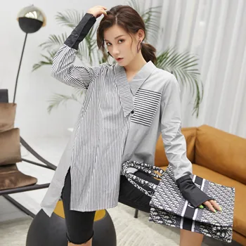 

Korea Striped And Spliced Shirts Women Asymmetrical Tops And Blouses High Fashion Button Up Shirt With Collar Fall 2020 Z025