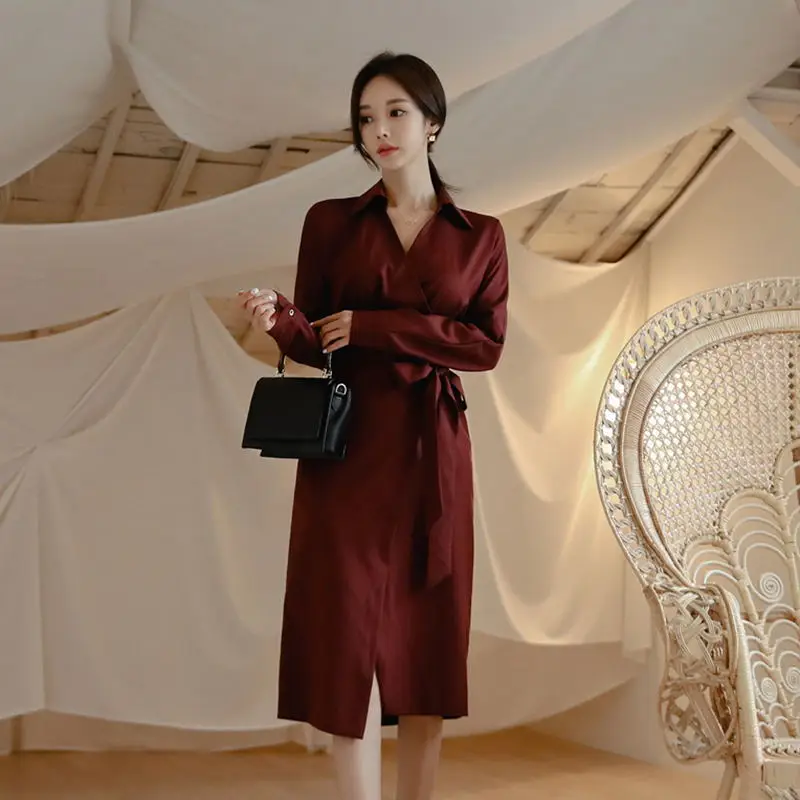 

Mozuleva Solid V-neck Lace Up Women Dress Full Sleeve Office Ladies Belted Dress 2019 Autumn Winter Knee-length Female Vestidos