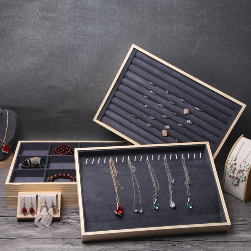 New Wooden Necklace Ring Jewelry Tray Deep Gray Suede Nap Fabric Jewellery Box Organizer Wooden Earrings Rangement Packaging