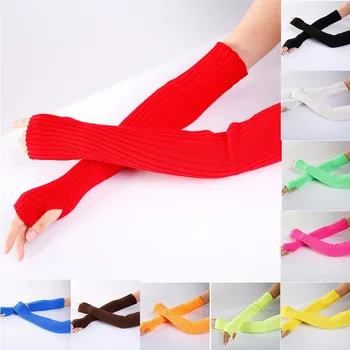 

ISHOWTIENDA Women Fingerless Gloves Winter Warm Wrist Arm Gloves Solid Color Knitted Mitten Long Fingerless Gloves Mitten Py6