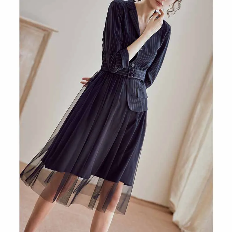 

Elegant Big Hemline Dress 2019 Autumn Clothing New Style Joint Gauze Slim Fit Lace-up Mock Two-Piece Dress Ozhouzhan