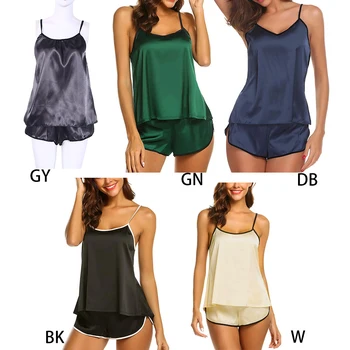

Womens Ice Silk Sleeveless Pajamas Set Sexy Deep V-Neck Tank Top Camisole Slit Shorts Solid Color Loose Sleepwear S-XXL