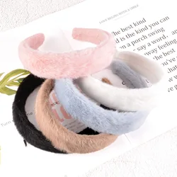 Girls Winter Plush Faux Fur Headbands Fashion Warm Wide Rabbit Furry Hairbands For Women Ladies Hair Hoop Accessories Headwear